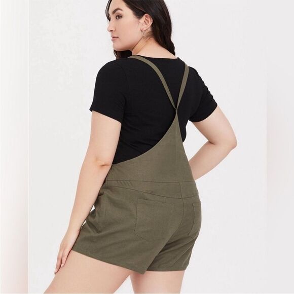 Torrid Green Linen Blend Short-all Romper Size 4 Sleeveles Pockets - Picture 2 of 15